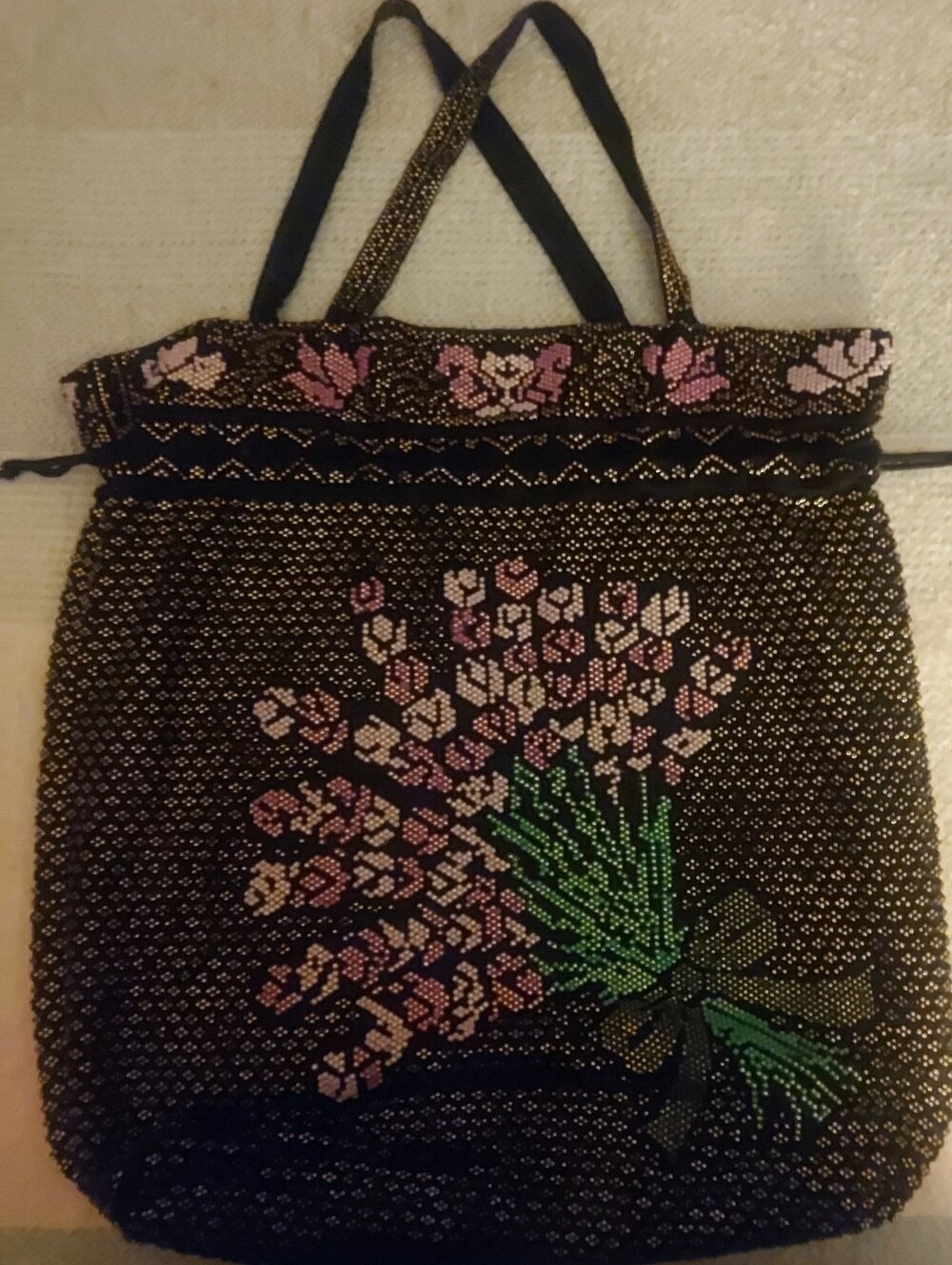 Hand-Beaded Floral Black Tote Bag with Pink Accents